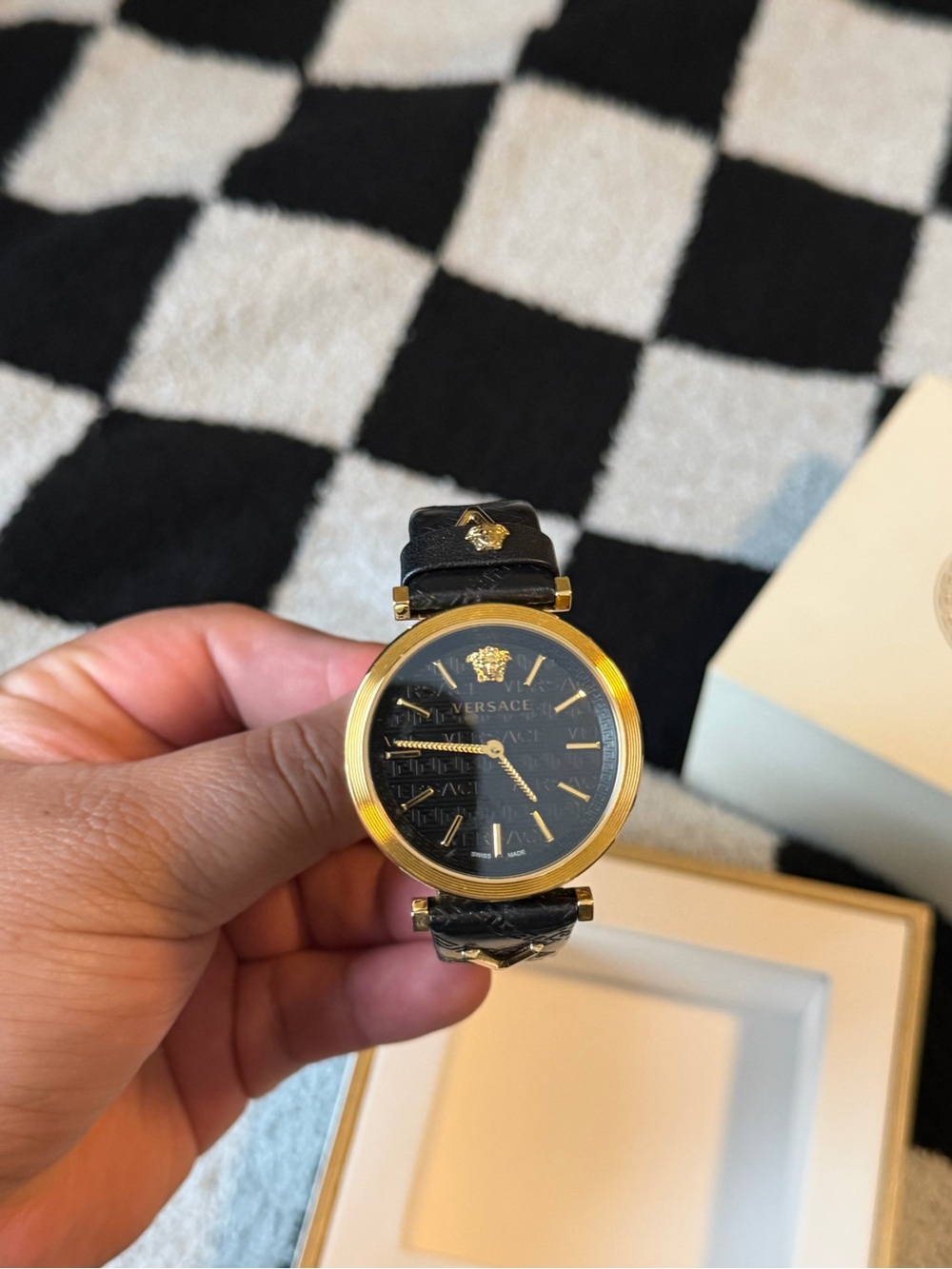 Versace Black and gold watch with leather band (no battery)